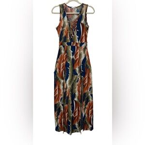 Iris  Lace-Up V-Neck Feather Mini/Maxi Dress in Rust, Navy & Olive